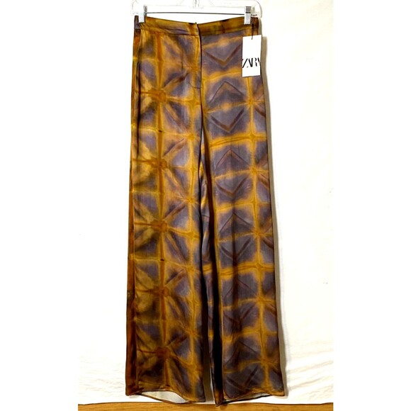 Zara Satin Effect Geometric Pants Womens Size Small Multicolor Wide Leg Flaws - Picture 2 of 16